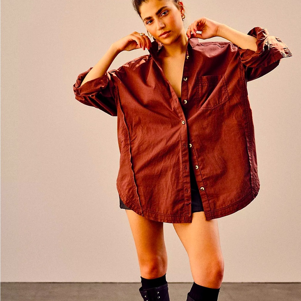 NWOT Free People we the free Happy Hour Solid Poplin Top in a burnt orange brown - Picture 1 of 4